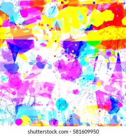 Bright colorful seamless pattern. Splatter texture with yellow, red, blue, purple, white colors. Festive and fun background for holi, wrapping, home decor


