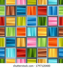 Bright Colorful Seamless Pattern Striped Gradient Blue  Brown  Green  Red  Pink  Violet  Yellow Squares for Fabric  Textile  Pack Paper  Wrapping Paper  Continuous Background Stylized Patchwork 