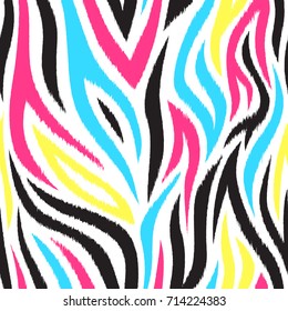 Bright and colorful seamless pattern with stripes. Boho style. Pink, yellow, black and blue stripes. Fashion texture. Vector illustration.