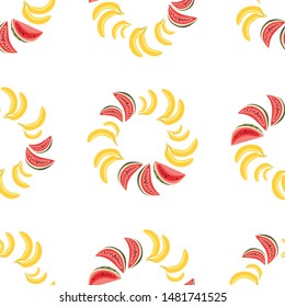 Bright colorful seamless pattern. This year's trend is watermelons and bananas in print. A slice of watermelon and a yellow banana