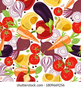 Bright and colorful seamless pattern of various vegetables and pasta in the shape of shells. Realistic image of food.