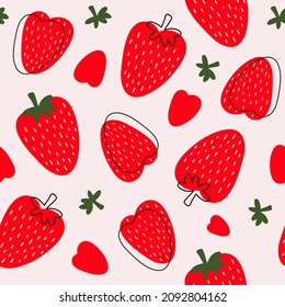 Bright colorful  seamless pattern with wild strawberries on a pink  background. Small and big  red berries. Modern hand drawn illustration 