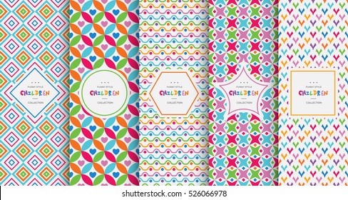 Bright colorful seamless patterns baby style. Vector illustration children background. Funny crazy kids paint. Happy geometry shapes. Set of ornament for card, invitation.