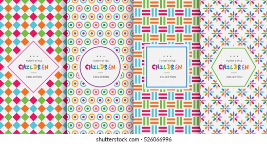 Bright Colorful Seamless Patterns Baby Style. Vector Illustration Children Background. Funny Crazy Kids Paint. Happy Geometry Shapes. Set Of Ornament For Card, Invitation.