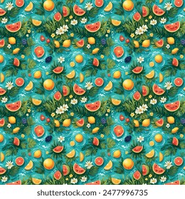 Bright and colorful seamless summer pattern, various fruits, watermelon, lemon, orange, grapefruit, grapes, strawberry, floral background