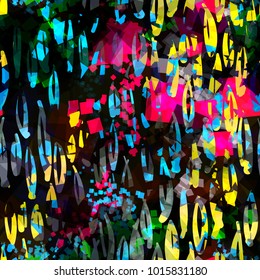Bright colorful seamless texture from strokes and squares. Light elements on dark backdrop. Abstract vector background for web page, banners backdrop, fabric, home decor, wrapping