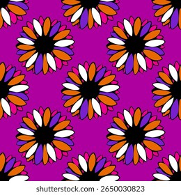 Bright colorful seamless vector floral pattern. Simple casual outline drawing. Stylish free design for textile, fabric, covers, wallpaper and other surfaces.