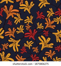 It is the bright colorful seamless vector pattern with red, orange and yellow flowers of lily. There are many hand-drawing lilies in tatoo style which are placed in chaotic order.
