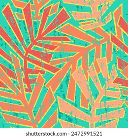 
Bright colorful seamless vector pattern with stylized palm leaves on a bright turquoise background, texture