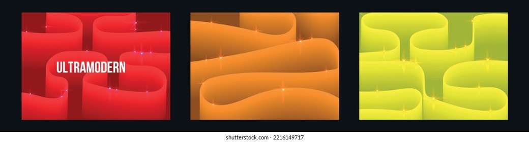 Bright colorful set of the 4a posters with pattern from the 3d wavy line. Ultramodern hipster design background for posters, covers, flyers. new trend in advertising design. Vector illustration