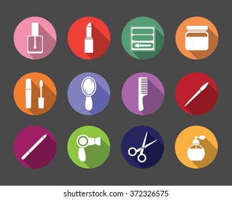 bright colorful set of flat icons for beauty and cosmetics. material design
