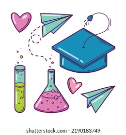 Bright colorful set of graduation cap and chemistry objects in doodle style, isolated on white background