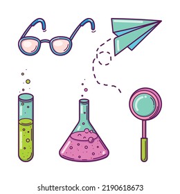Bright colorful set of graduation cap and chemistry objects in doodle style, isolated on white background