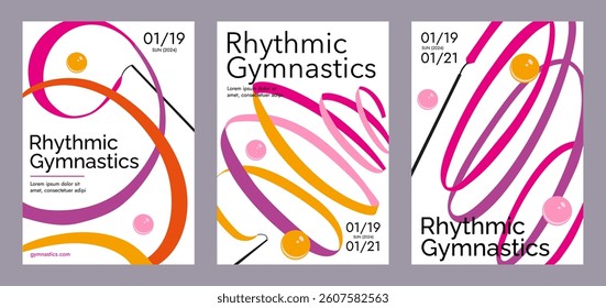 Bright colorful set of minimalistic rhythmic gymnastics posters depicting a composition with a swirling, waving ribbon and balls, close up. Trendy vector concept sport design