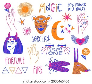 Bright colorful set of mystic girly icons. Funky esoteric design elements isolated on a white. Vector illustration, tattoo or sticker.