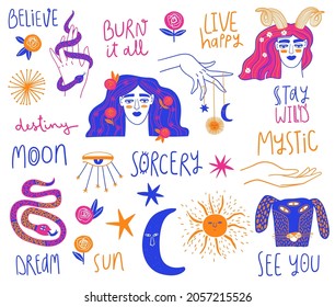 Bright colorful set of mystic girly icons. Funky esoteric design elements isolated on a white. Vector illustration, tattoo or sticker.
