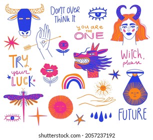 Bright colorful set of mystic girly icons. Funky esoteric design elements isolated on a white. Vector illustration, tattoo or sticker.
