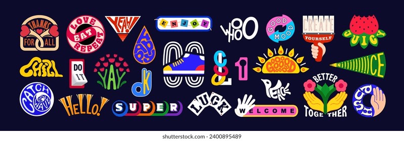 Bright colorful set of positive and happy retro labels. Collection of fun modern patches and stickers with phrases, words and slogans.
 Groovy cartoons graphics. Vector drawing