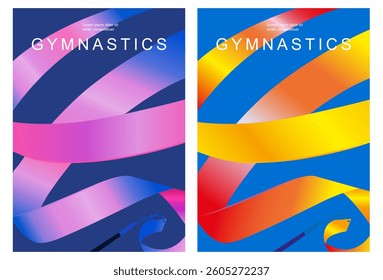 Bright colorful set of rhythmic gymnastics posters depicting a composition with a gradient ribbon close up. Vector concept sport design