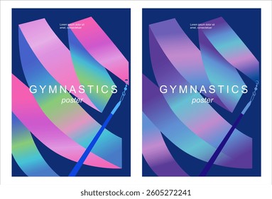 Bright colorful set of rhythmic gymnastics posters depicting a composition with a gradient ribbon close up. Vector concept sport design