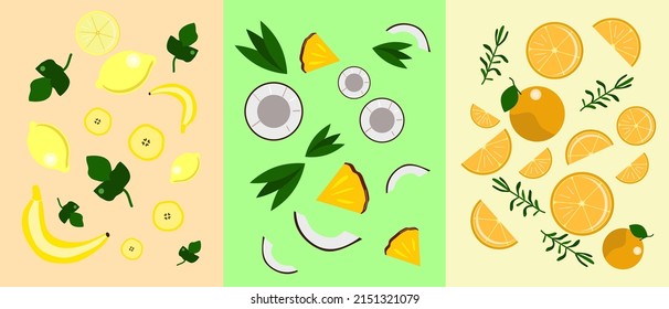 Bright colorful set with tropical fruits, coconut, orange, banana, lemon