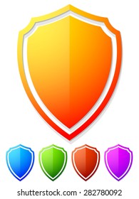 Bright, colorful shield shapes isolated on white in 5 colors.