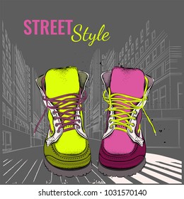 Bright colorful shoes. Youth shoes. Vector illustration
