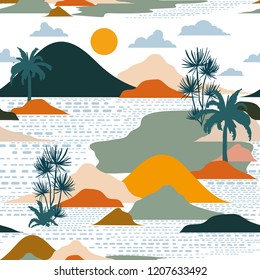 Bright and colorful silhouette of island , palm tree,beach,mountain on modern paper cut style seamless pattern vector design for fashion,fabric,and all prints on white color background