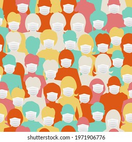 A lot of bright colorful silhouettes wear masks to protect themselves from COVID, crowd of people seamless pattern