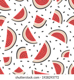 Bright colorful slices of watermelon isolated on white background. Cute seamless pattern. Vector simple flat graphic hand drawn illustration. Texture.