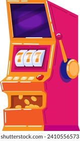 Bright colorful slot machine with 777 jackpot on the screen and coins in the tray. Gambling, casino, luck and fortune vector illustration.