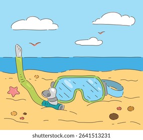 Bright and Colorful Snorkeling Gear Gracefully Spread Out on the Soft, Sandy Beach