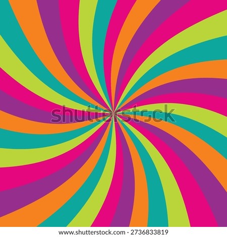 Bright colorful spiral background with vibrant rainbow swirl, dynamic abstract radial motion pattern. Groovy 60s Trip Style
