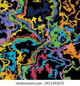 Bright colorful splatter stain brush strokes on black background.  Rainbow trendy design. Element. Vector illustration.