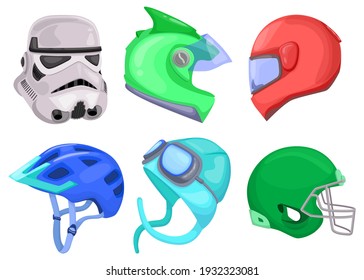 Bright colorful sport helmets flat pictures collection. Cartoon motorcycle or motorbike protective hats isolated vector illustrations. Motor race and rider equipment concept