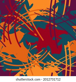 bright colorful spotted striped seamless pattern. red, burgundy, orange abstract spots and overlapping flowing stripes are randomly arranged on a dark azure background. vector