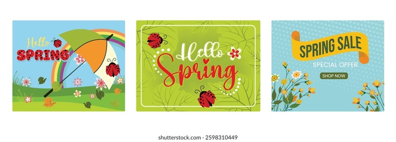 Bright and colorful spring landscape. Decorated with flowers, rainbows, and umbrellas.  Special discount offer during the spring season. Spring Flourishing concept. Set flat vector illustration.
