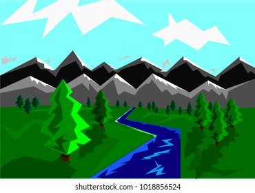 bright colorful spring landscape. Mountains and the river. vector illustration