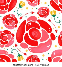 Bright colorful spring pattern with large red roses. Ideal for use as a print on fabrics, clothes, dresses, wallpapers, invitations, wrapping paper, postcards and more