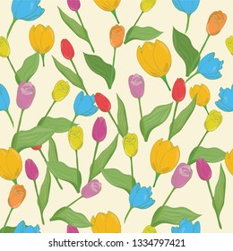 Bright colorful spring tulip seamless pattern on ivory background