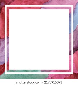 Bright colorful square frame. Watercolor texture in red and purple colors. White squares are borders. Vector illustration.