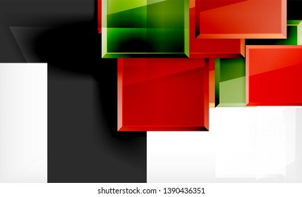 Helle, bunte quadratische Formblöcke, geometrischer Hintergrund, moderne Vektorgrafik