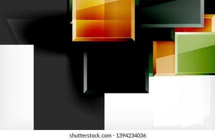 Helle, bunte quadratische Formblöcke, geometrischer Hintergrund, moderne Vektorgrafik