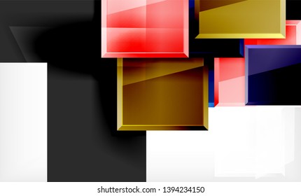 Helle, bunte quadratische Formblöcke, geometrischer Hintergrund, moderne Vektorgrafik