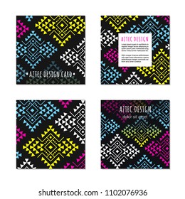 Bright colorful square visiting card design temlpate set with tribal aztec style geometric ornament. Ethnic ornate background collection. EPS 10 vector concept illustration. Clipping masks.