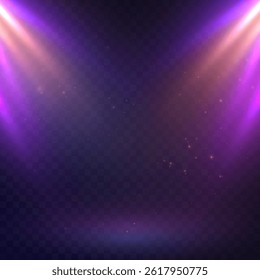 Bright colorful stage lights with shimmering pink and purple beams, light haze and shimmering light particles.
