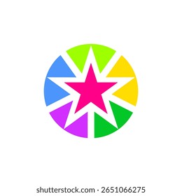 Design estelar brilhante e colorido com várias formas geométricas em um arranjo circular