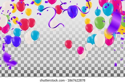 Bright colorful stars and balloons border on a background. Festive birthday party vector poster. Celebration illustration.