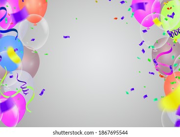 Bright colorful stars and balloons border on a background. Festive birthday party vector poster. Celebration illustration.