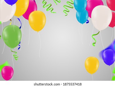 Bright colorful stars and balloons border on a background. Festive birthday party vector poster. Celebration illustration.